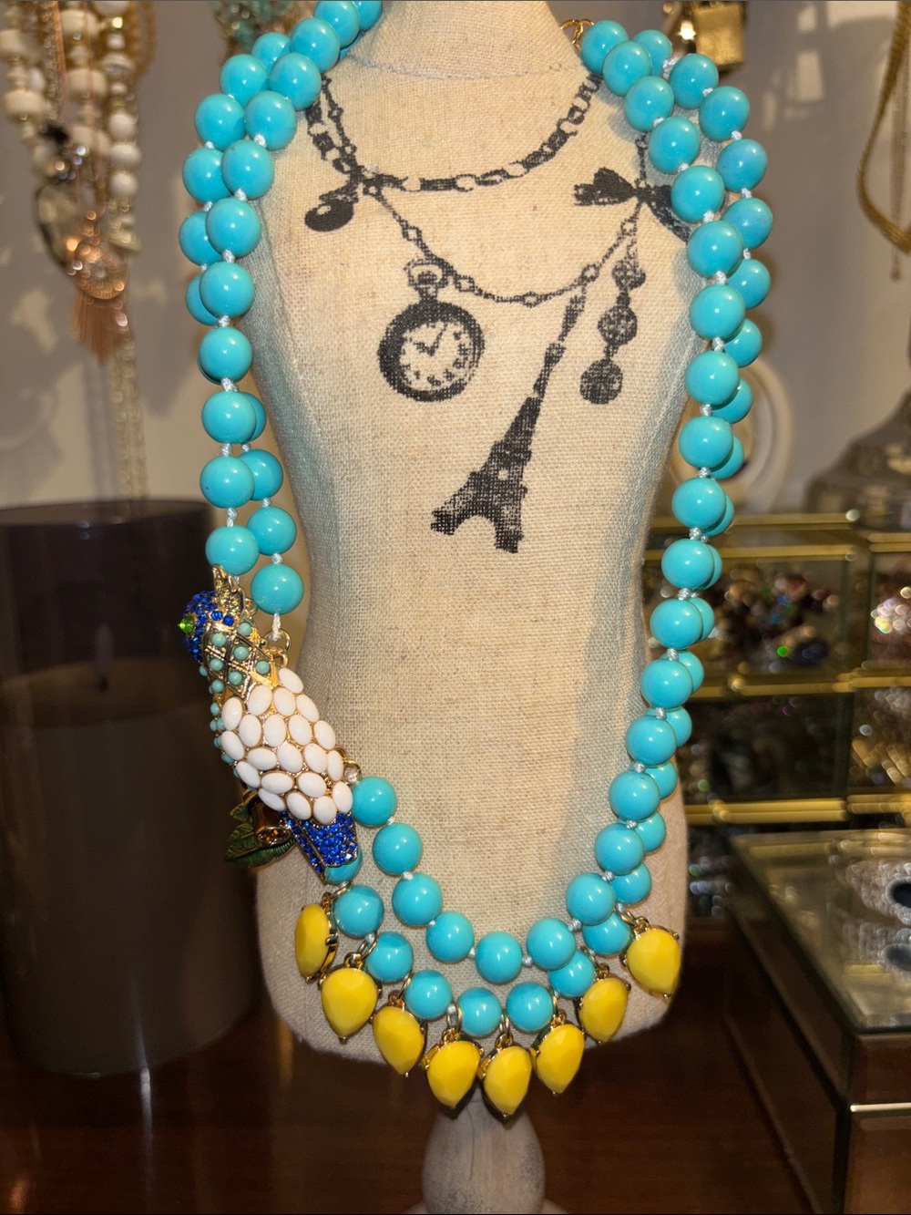 Turquoise Look and Yellow Statement Beaded with rhinestone parrot